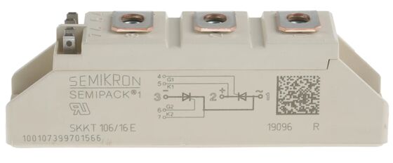 SKKT106/16E 1600V 106A Mô-đun Thyristor kép VF thấp 1.35V 2.4kA Tăng áp AlN Khối liên lạc áp suất cơ sở gốm SEMIPACK1 Loại bị cô lập UL Chứng nhận cho các bộ khởi động mềm và ổ đĩa