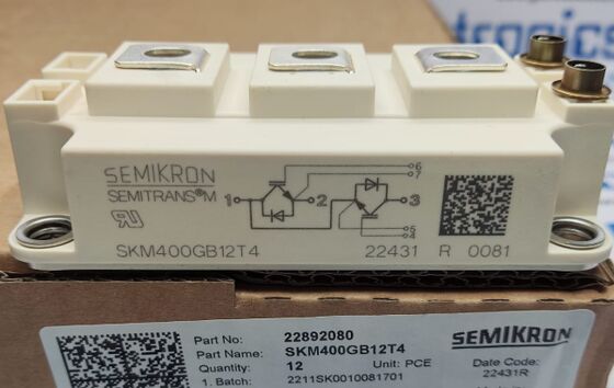 SKM400GB12T4 1200V 400A Mô-đun IGBT Kép TRENCHSTOP™ IGBT4 VCE(sat) Thấp 1.75V Khả năng SC 10μs Đi-ốt CAL Tổn thất chuyển mạch thấp SEMITRANS3 Chứng nhận UL cho Ổ đĩa Công suất Cao